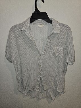 Sim & Sam Striped Short Sleeve Button Up Top White Black Large